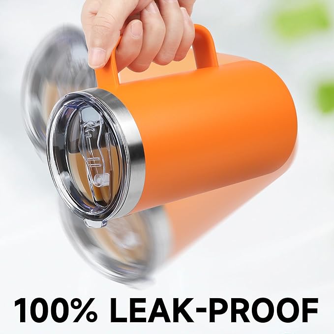 22oz Insulated Coffee Mug with Handle & Leak-Proof Lid - Double Wall Stainless Steel Travel Tumbler Bulk for Commute/Office/Home, Orange, 4 Pack
