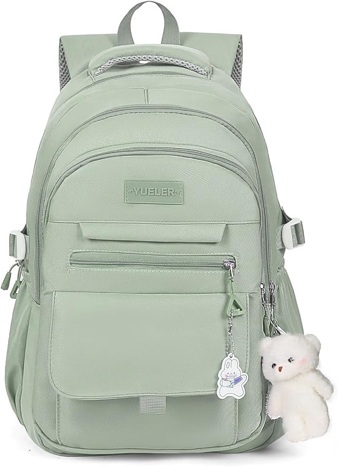 PRLINJSK Girls Backpack for College High Middle School Student, Cute Aesthetic Bookbag for Teens Women with Accessories,Green