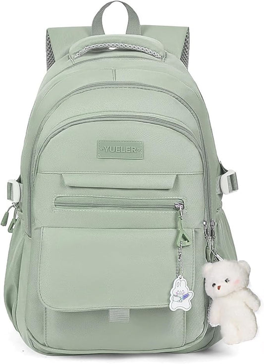PRLINJSK Girls Backpack for College High Middle School Student, Cute Aesthetic Bookbag for Teens Women with Accessories,Green