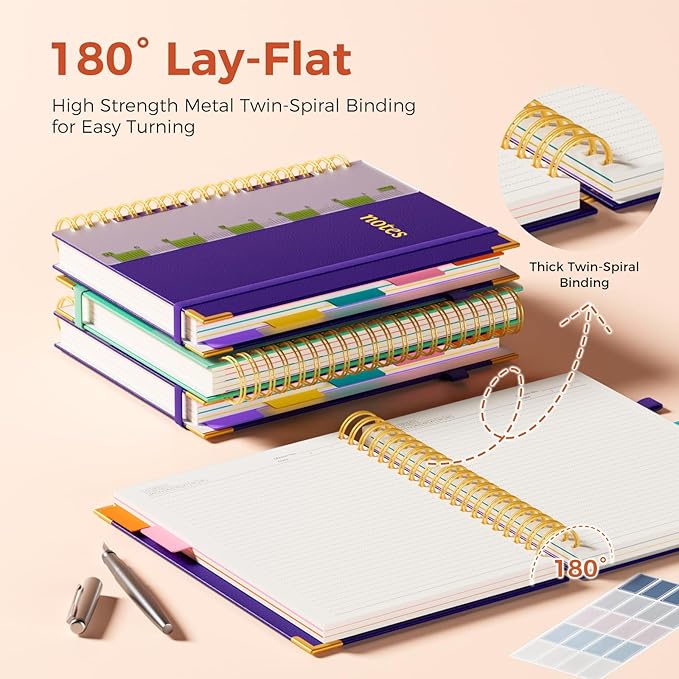XYark A4 Hardcover Spiral Notebook, 8.5"x11" College Ruled Notebooks with Removable Dividers Tabs & Ruler, 5 Subject Notebook 300 Pages, Large Lined Journal for Women Men School Work Office, Purple