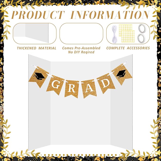 Eaasty 4 Pack Graduation Photo Display Board Decoration 24 X16 Inch Trifold Poster Board with Banners White Trifold Picture Display for Table Decor Class of 2026 Grad Party Collage Frame Supplies