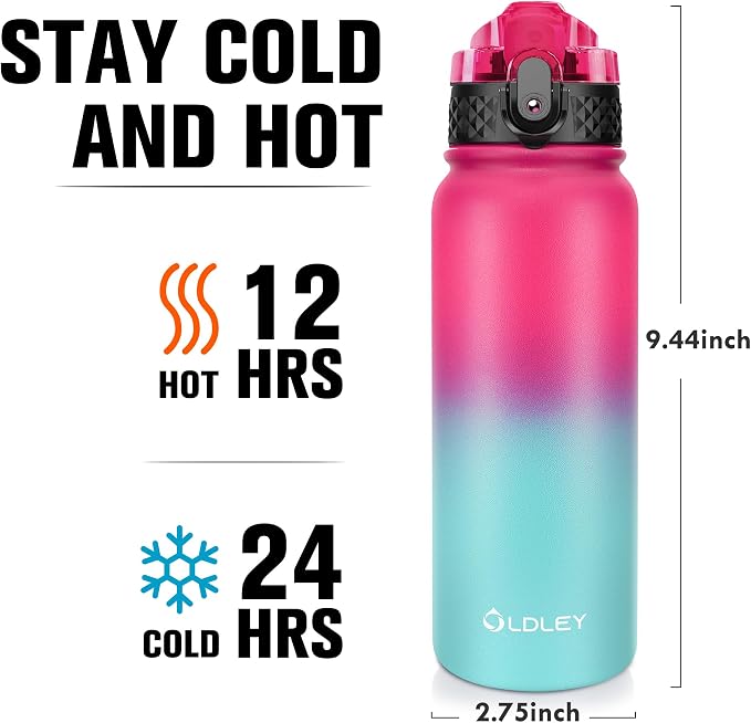 Oldley Insulated Water Bottle 20oz Water Bottles with Straw, Stainless Steel Water Bottle with 3 Lids, Double Wall Vacuum Bottels for Adults School Kids,Leak-Proof Sport Bottles, Rose Red-Green