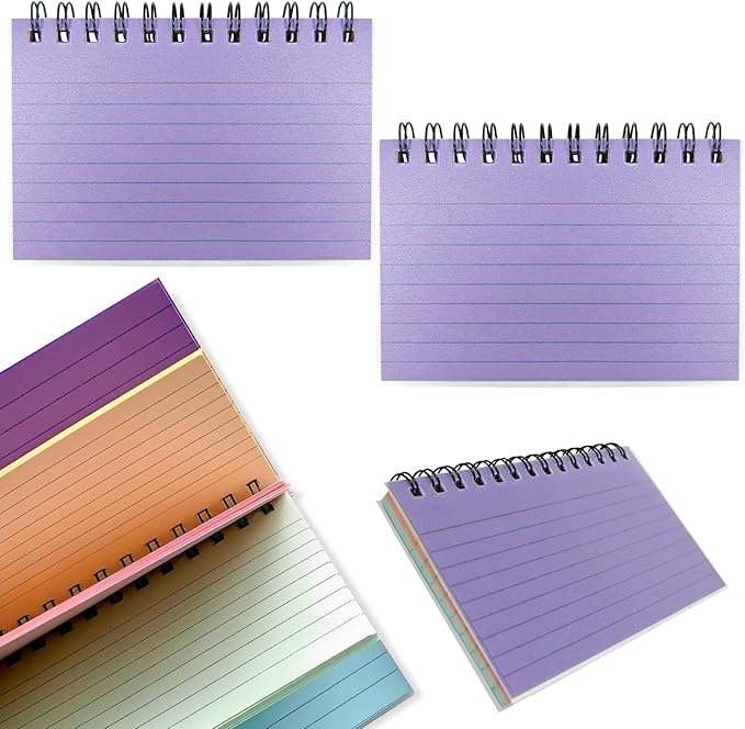 4 Packs 200 Sheets 4.9" x 2.9" 5 Colors Spiral Index Cards with Ring & Covers, Colored Ruled Note Flash Cards, Spiral Bound Paper Flashcards for Studying Office Taking Record (4)