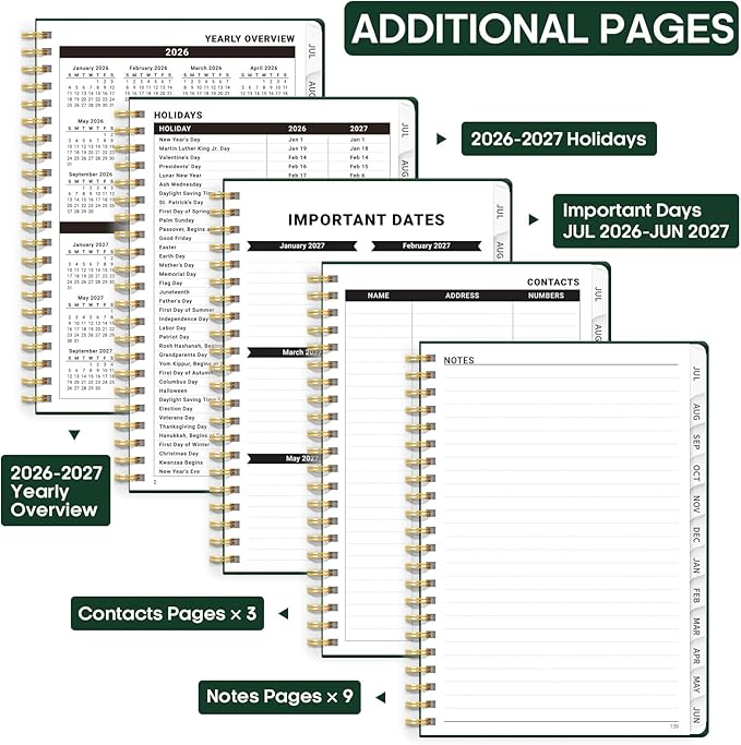 Academic Planner 2026-2027, Weekly and Monthly Calendar Planner Book, July 2026 – June 2027, Hardcover Organizer with Tabs, Perfect for Teachers, Students, Women & Men, A5 (6.4" x 8.5") - DarkGreen