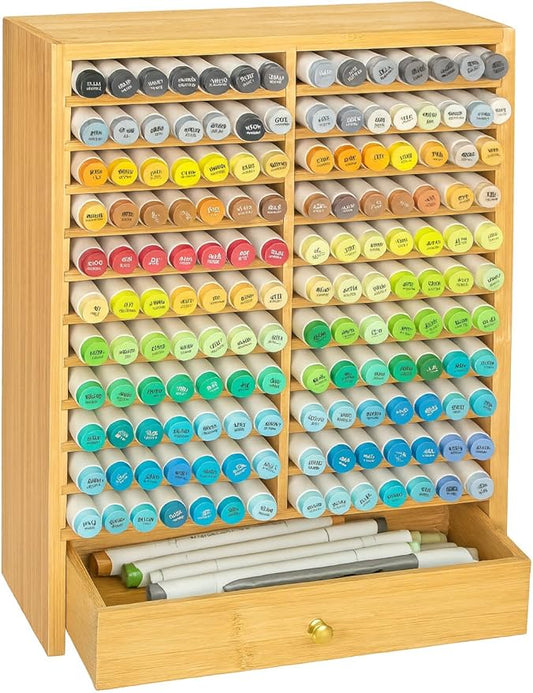 EpicGifts Alcohol Marker Organizer Storage for 168 Alcohol Markers With Marker Storage Drawer and Coloring Book Holder Slot - Bamboo Wooden Marker Storage Organizer