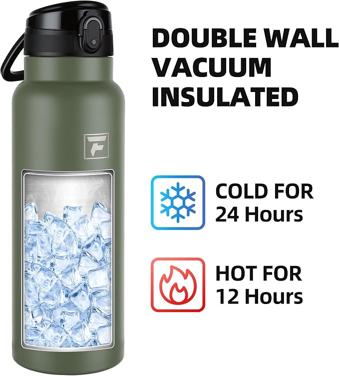 Fanhaw 40 Oz Insulated Stainless Steel Water Bottle with Chug Lid – Wide Mouth, Leak-Proof, BPA-Free – Ideal for Kids, Adults, Sports, Gym, and Outdoor Use (Olive Green)