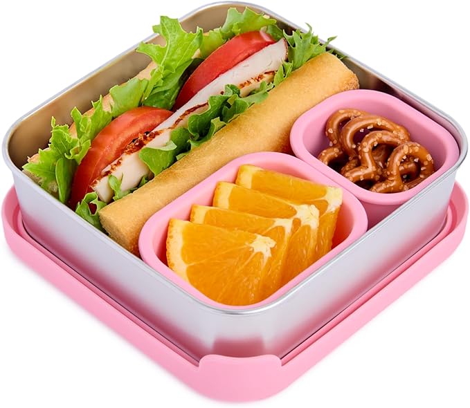 Good Bare Stainless Steel Sandwich Container for Kids & Adults, Plastic-Free Lunch Box with Silicone Lid, Leakproof Metal Snack Box, Dishwasher Safe, BPA-Free Food Storage Container, Sweet Pink