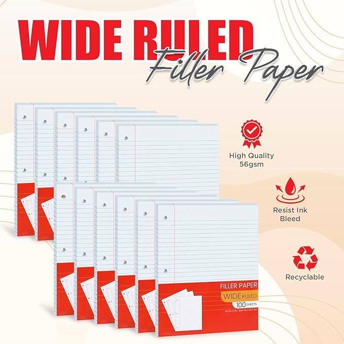 Notebook Paper Wide Ruled, Loose Leaf Paper Wide Ruled Notebook Paper Bulk, Lined Filler Paper for 3 Ring Binders - 10.5” X 8", for College, School Classroom - 100 Sheets/Pack (Bulk Buy - 48 Pack)