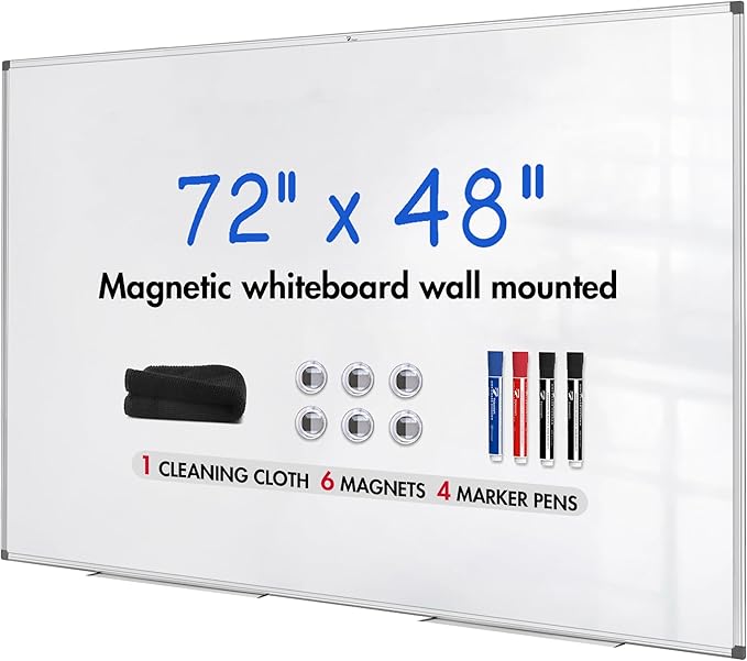 TOWON Silver Border Whiteboard Dry Erase, 72x48 in White Board Dry Erase, Presentation Magnetic Aluminum Framed Whiteboard, Dry Erase Board Wall Mounted with Markers, Pen Tray, Magnets, Cleaning Wipe