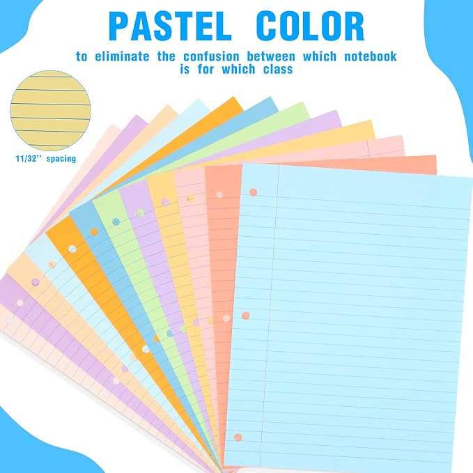 PerKoop 12 Pack 600 Sheets Loose Leaf Paper 8" x 10.5",Sweet Color