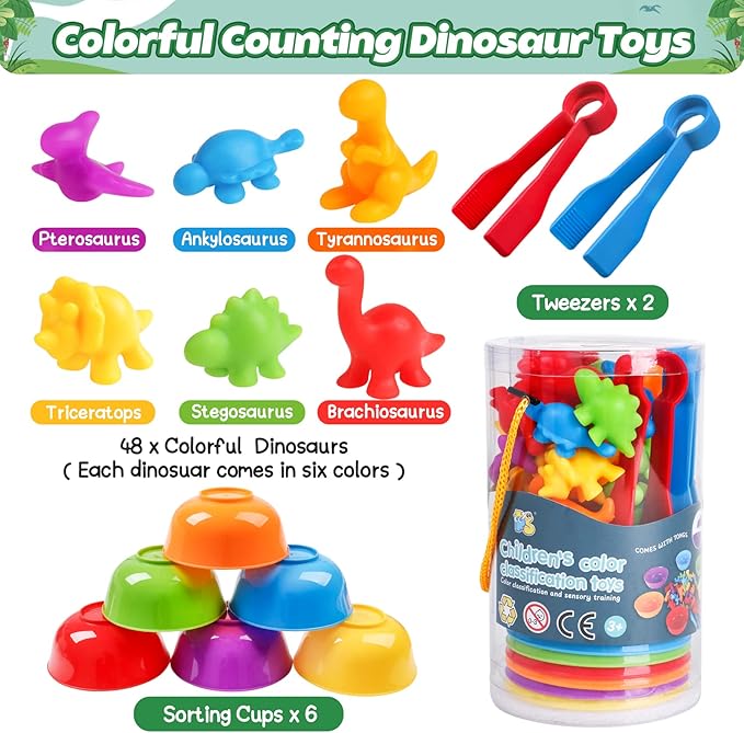 Counting Dinosaur Matching Toys with Sorting Bowls Montessori Preschool Educational Activities Learning Color Sorting Fine Motor Skills Sensory Toys Birthday Gift for 3 4 5 Year Old Boys Girls