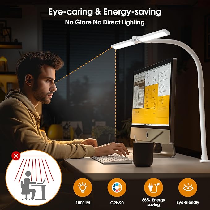 SIBRILLE LED Desk Lamp for Home Office - Dimmable Computer Desk Light with Clamp, Modern Architect Task Lamp with Color Changing, Flexible Desktop Lamp with Gooseneck for Monitor, Double Head, White