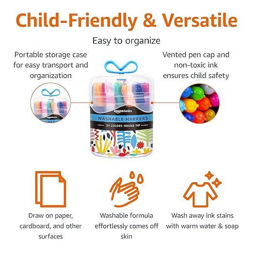 Amazon Basics Washable Markers for Kids, Round Tip Assorted Colors, Non-Toxic Drawing and Coloring School Supplies, Arts & Crafts, Pack of 24