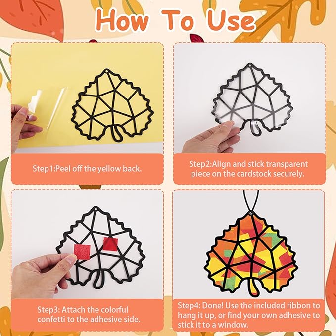 Renbuzhu 40PCS Fall Crafts Bulk: Leaves Paper Suncatchers DIY Kit for Autumn Thanksgiving Activities Decorations, Window Stained Glass Effect Art Supplies(Colorful)