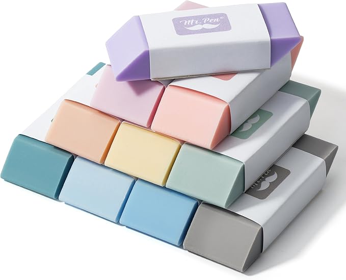 Mr. Pen- Pencil Erasers, 10 Pack, Morandi Colors, Soft Rubber Pencil Erasers for School, Office, Art Sketching, Homework, Exams, Clean Smudge-Free Correction