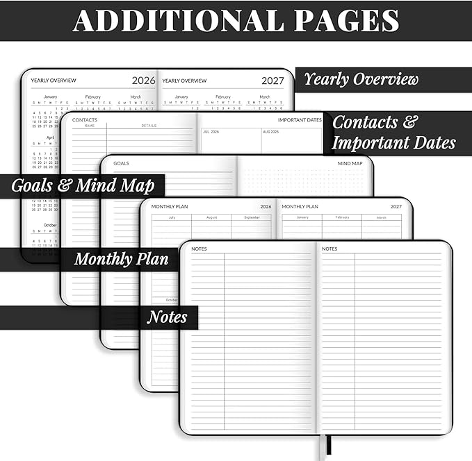 Lonely Oak Academic Planner 2026-2027, A5 Daily Weekly and Monthly Planner 5.75" x 8.4", 13 Months Faux Leather School Year Agenda from Jul.2026 to Jul.2027 for Student and Teacher (Black)