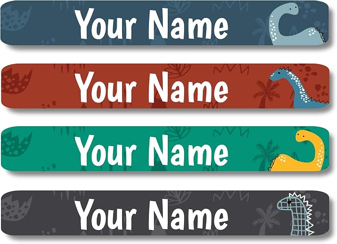 Lovable Labels Personalized Labels for Kids (120 Labels) - Waterproof Dishwasher Safe Peel and Stick Labels are Great for School Supplies Daycare Camp Bottles (Mighty Dinos)