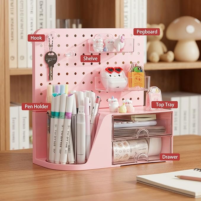 Comix Desk Organizer with Drawer, 360° Rotating Pen Holder for Desk, Pen Organizer with 5 Slots Pencil Holder+Pegboard+2 Drawer for Office Home Art Supplies (Pink)
