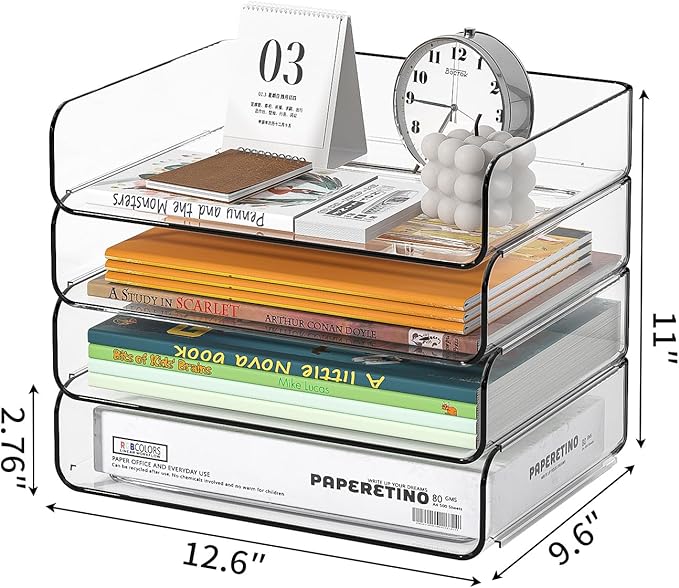 FANXIYQ 4-Tier Acrylic Paper Tray Organizer - Low-Profile Desk File Sorter for Office/Home, Clear Stackable Letter Tray for Bills, Crafts, Notebooks