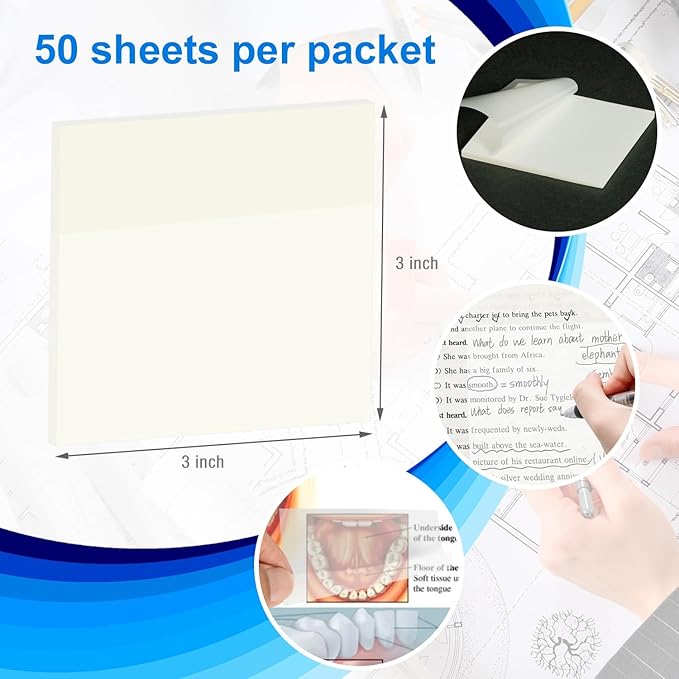 Transparent Sticky Notes,6 Pack 3x3 in，Clear Sticky Notes，Self-Adhesive Waterproof Translucent ，Clear Notes， for Bible,School, Office (White, 3 * 3 Inch)