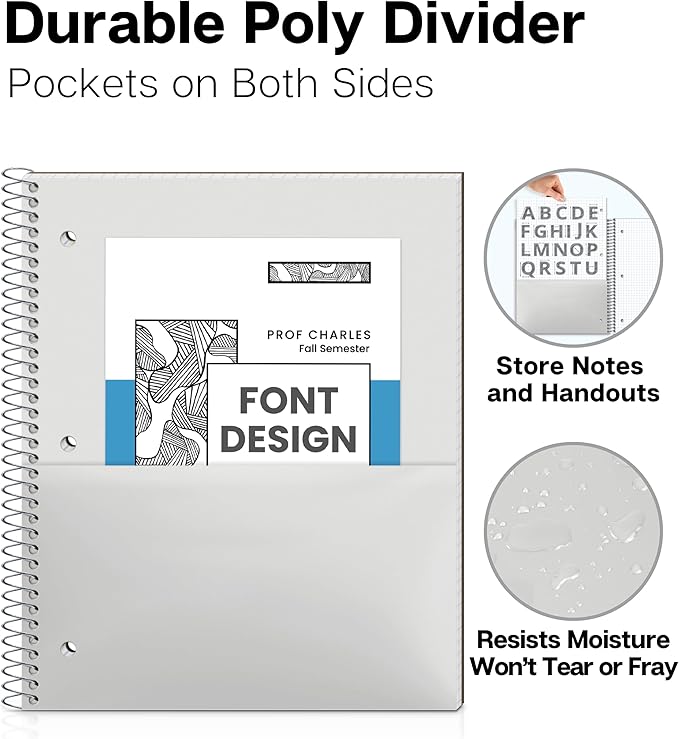 Dunwell Graph Paper Notebook 8.5 x 11, Plastic Cover, 80 Sheets, 4x4 Ruled, 1 Subject Spiral 1/4 Inch Grid Graphing Notebook, Divider with Pockets, Perforated Pages, 3-Hole Punched