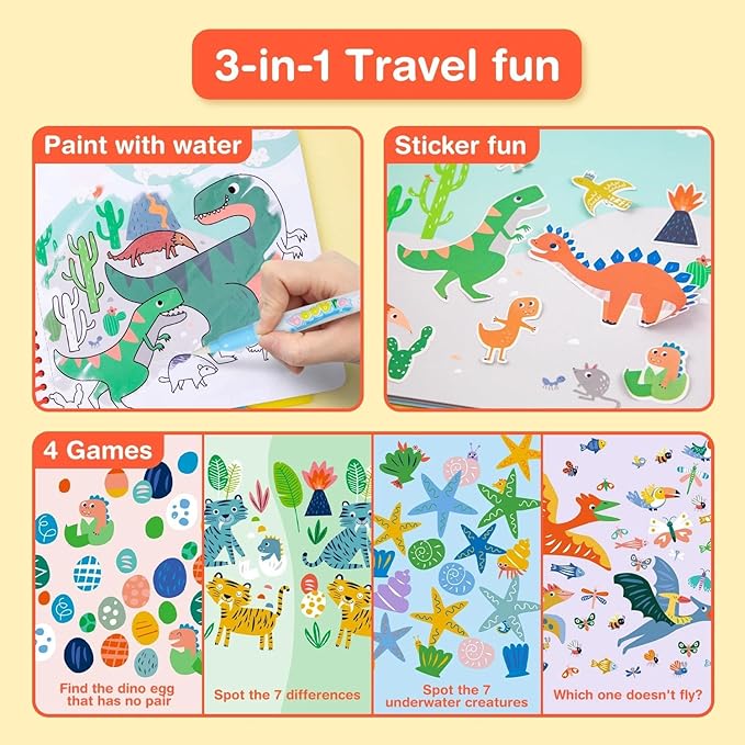 Avenir Reusable Water Coloring Book for Toddlers 3-5 – Mess-Free Paint-with-Water Travel Toy Airplane Activities Road Trip Quiet Book, Water-Reveal Activity Pad, 3-in-1 Creative Set