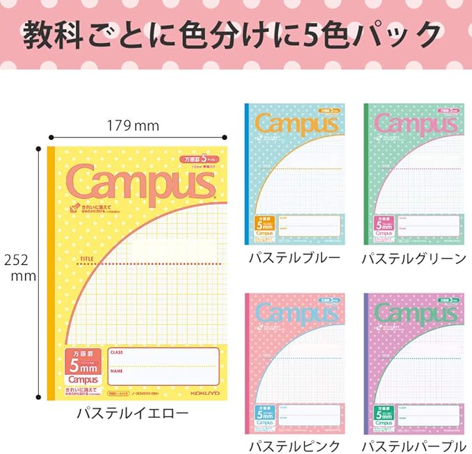 KOKUYO Campus Notebook, Easy Erasing, Semi-B5, 5mm(0.2in) Grid Ruled, 0.4 inch (10 mm) Solid Line, 30 Sheets, Pack of 5, Water Drop Pattren, Japan Import (NO-30VS10-5NX5)