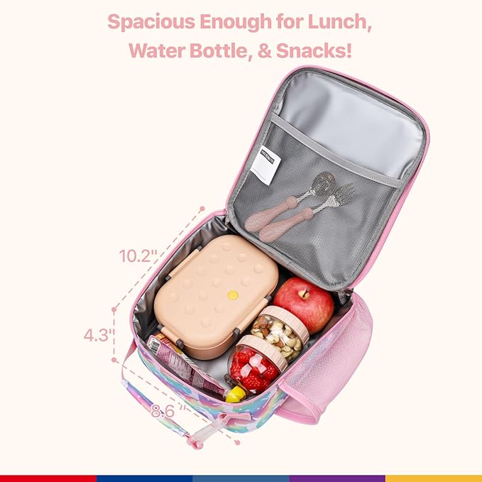 Bagseri Kids Lunch Box for Girls - Insulated Toddler Lunch Bag Fits Bento Box, Reusable Daycare Cooler Tote with Clip Handle, Water-Resistant Lining, Rainbow Unicorn
