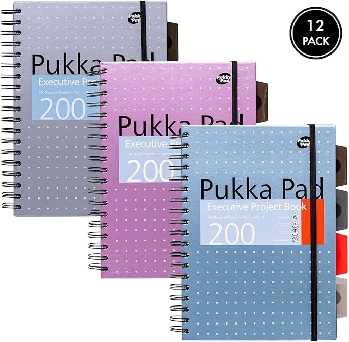 Pukka Pad 5 Subject Spiral Notebook 12-Pack - 200 Pages, 100 Sheets of 80GSM Paper with Repositionable Dividers & Perforated Edges for School & Office Planning & Organization - B5-7 X 10, Metallic