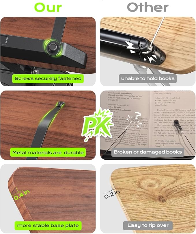Book Stand for Reading, Adjustable Book Holder, 360° Rotating Bases with Pen Slot, Ergonomic Cookbook Stand Recipe Book Holder with Elastic Page Clips for Magazines, Tablets, Laptops