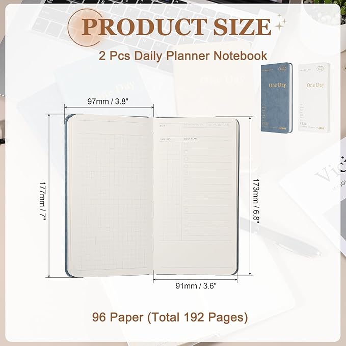 PATIKIL 2Pcs Planner Notebook, 7 x 3.8" 96 Sheets Undated Daily Planner Pocket to Do List Daily Weekly Goals Notebook for Office Home Study Work Time Management Habit Tracker, White, Blue