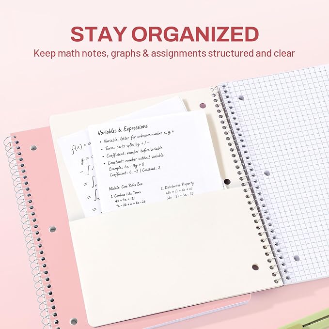 SUNEE Spiral Notebook, 1-Subject, Graph Ruled Paper, 8" x 10-1/2", 100 Sheets per Notebook, 3-Hole Punched Paper, Water Resistant Cover, Spiral Grid Notebooks for Work, Home, School, Writing, Pink