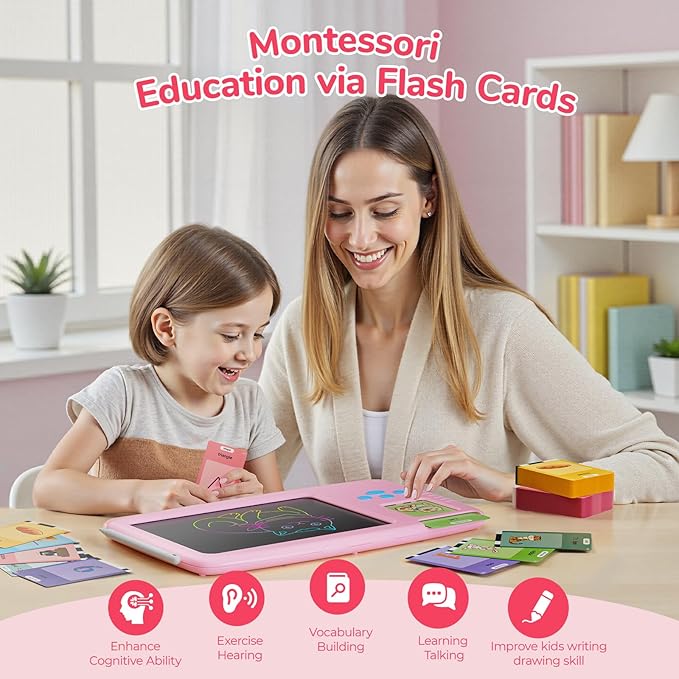 Talking Flash Cards for Toddlers: 2-in-1 LCD Writing Tablet with 510 Sight Words, Montessori Language Learning, Autism & Speech Therapy Toys for Children Ages 1-6, Pink