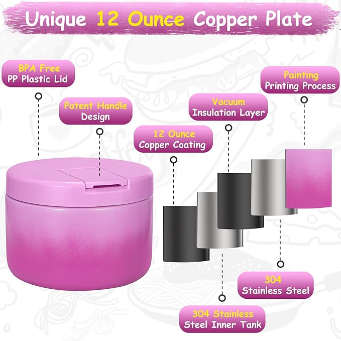 Pawtong 12oz Insulated Vacuum Food Jar with Buckle Lid Wide Mouth Soup Thermo for Hot Food Kids Leakproof Stainless Steel Lunch Container (Gradient Purple, 12OZ)