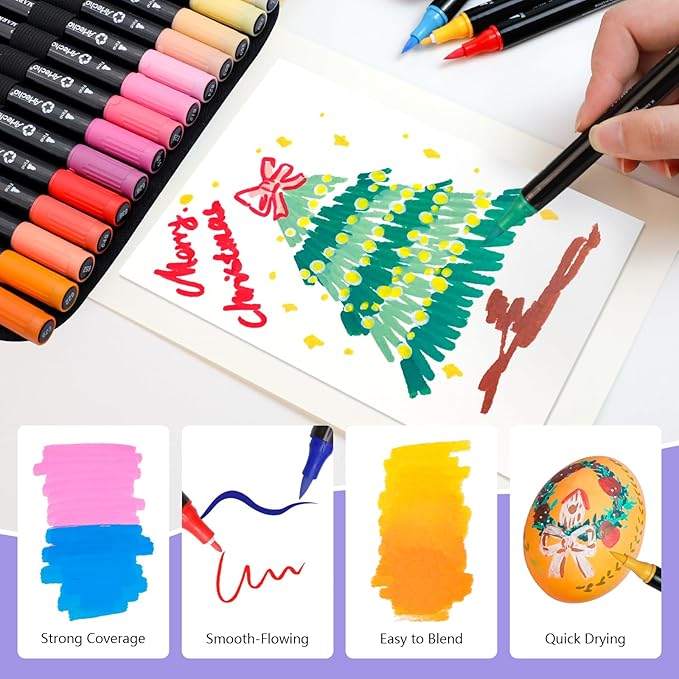 Artecho Acrylic Paint Markers 60 Colors with Bag, Acrylic Paint Pens with Brush Tip and Fine Tip for Stone, Rock Painting, Paper, Pumpkin, Wood, Egg, Canvas, Ceramic, Fabric, leather, Glass