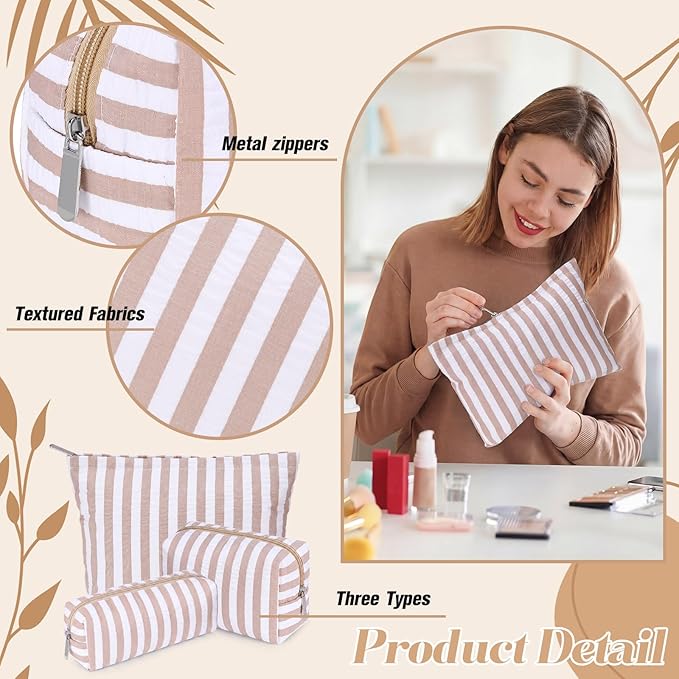 Huhumy 3 Pcs Makeup Bag Set Cute Cosmetic Pouch for Women Aesthetic Seersucker Travel Toiletry Bag Set Preppy Small Makeup Purse Pouch Wide Stripe Cosmetic Organizer Pencil Case with Zipper(Khaki)