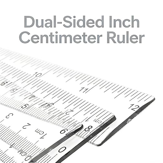 3-Pack 12-Inch (30cm) Plastic Rulers - Clear Dual-Sided Ruler with Centimeters and Inches, 3-Piece Set