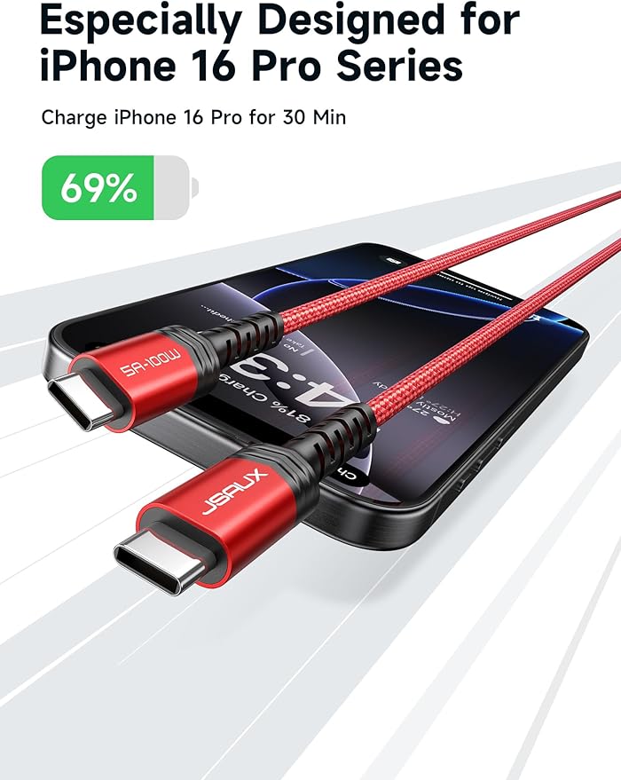 JSAUX 100W USB C to USB C Cable for iPhone 17, USBC Type C Charge Cord 5A Fast Charging Compatible with iPhone 17e Air 16 15 Pro Max Samsung Galaxy S25 S24 MacBook iPad Pro Carplay (6.6FT+6.6FT, Red)