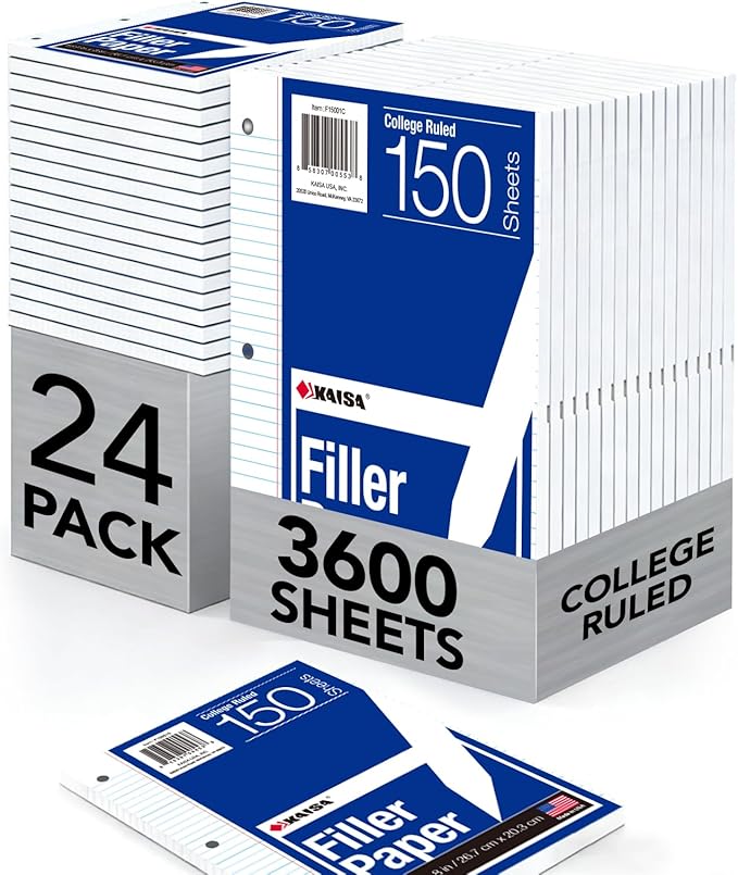 Kaisa Notebook Paper USA-Made Loose Leaf Paper, 24 Pack 3600 Sheets 8"x10.5" College Ruled - 3-Hole Punched Bulk Filler Paper for 3-Ring Binder, 150 Sheets/Pack, Wholesale Available(24Pack-college)