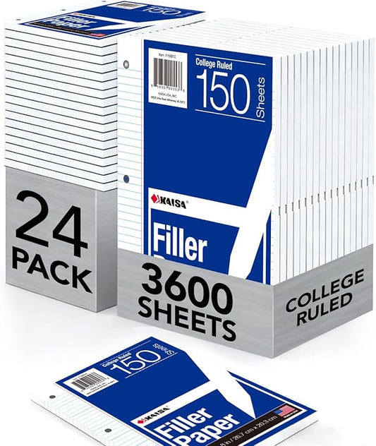Kaisa Notebook Paper USA-Made Loose Leaf Paper, 24 Pack 3600 Sheets 8"x10.5" College Ruled - 3-Hole Punched Bulk Filler Paper for 3-Ring Binder, 150 Sheets/Pack, Wholesale Available(24Pack-college)