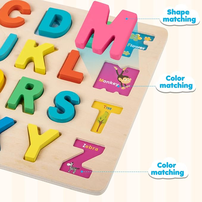 Attmu Wooden Puzzles for Toddlers, 3 Pcs Alphabet Puzzle ABC Shape Number Puzzle, Learning Toys for Kids, Preschool Educational Activities Toddler Gift Toys for Girls Boys Christmas Valentines Easter