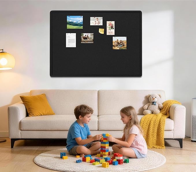 Large Bulletin Board, 48 X 36 inches Felt Board Notice Pin Board, 4' x 3'Cork Board Alternative for Wall, Self-Adhesive Vision Board Mood Board Foldable Photo Board with 30 Pushpin (Black)