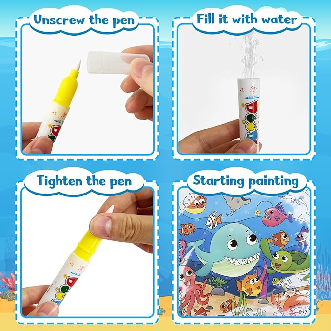 Double-Sided Magical Water Coloring Book for Kids, Reusable Quiet Water Reveal Activity Book with Water Pen, Creative DIY Water Drawing Painting Sticker Busy Books for 3 +Year Old Boys Girls Toddlers