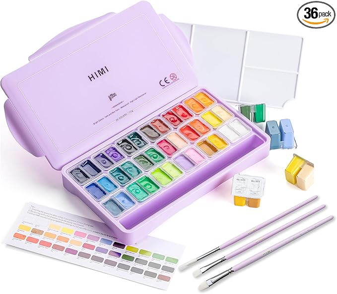 HIMI Twin Cup Jelly Gouache Paint Set with 3 Paint Brushes, 36 Colors 12g, Jelly Cup Design, Non Toxic Paint for Canvas and Paper, Art Supplies for Professionals (Purple Case)