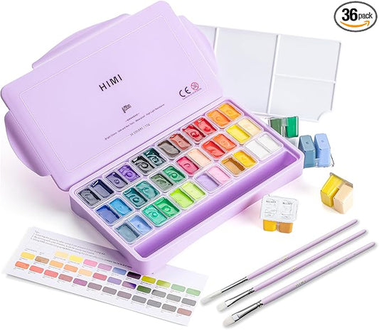 HIMI Twin Cup Jelly Gouache Paint Set with 3 Paint Brushes, 36 Colors 12g, Jelly Cup Design, Non Toxic Paint for Canvas and Paper, Art Supplies for Professionals (Purple Case)