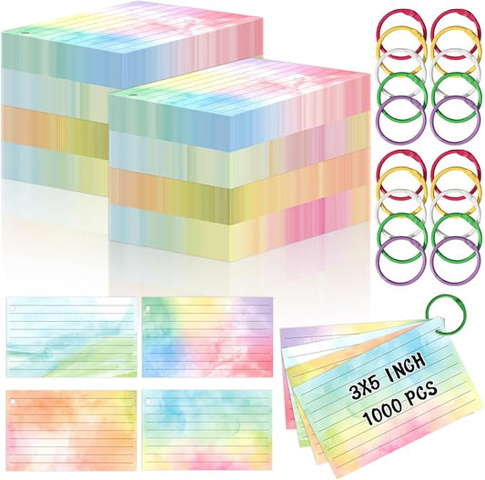 1000 PCS Colored Index Cards with Hole Lined Flash Cards with Binder Rings Watercolor Notecards with Rings 3x5 Study Cards Flashcards for Home School Office Supplies