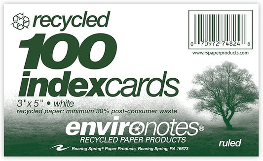 Roaring Spring Recycled Index Cards 3"x5", 100 Count, Smooth 100# White Recycled Index Paper, Ruled on Front, Blank on Back (Pack of 1)
