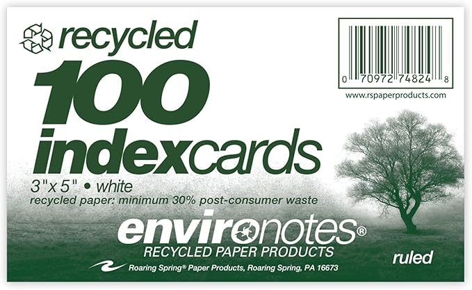 Roaring Spring Recycled Index Cards 3" x 5", 100 Per Pack, Smooth 100 lb White Recycled Index Paper, Ruled on Front, Blank on Back (Case of 36 Packs)