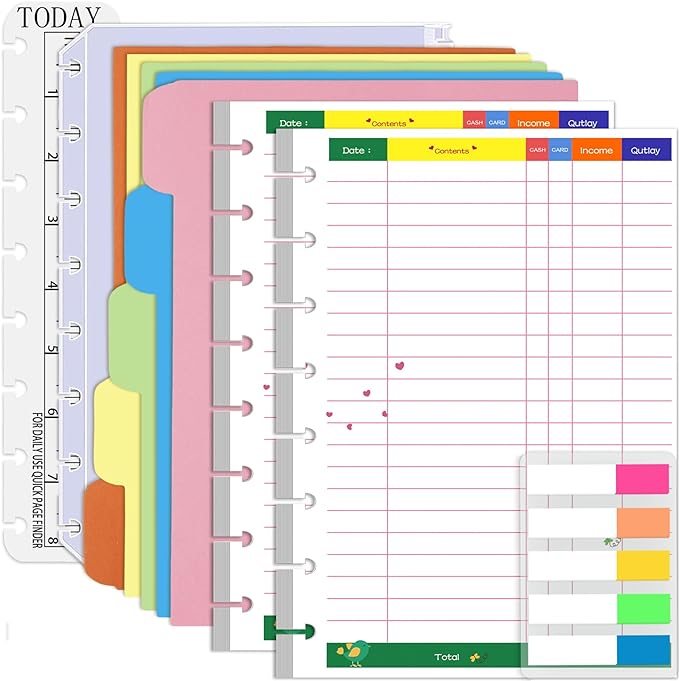 Rancco Junior Budget Planner Refills, 180 Pages 8 Rings Punched Half Letter Financial Paper Inserts w/Index Tabs, Index Dividers, Loose-Leaf Bag, Ruler For Circa, Arc, TUL, Happy Planner, 5.5x8.5"