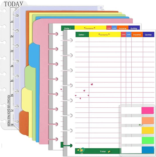 Rancco Junior Budget Planner Refills, 180 Pages 8 Rings Punched Half Letter Financial Paper Inserts w/Index Tabs, Index Dividers, Loose-Leaf Bag, Ruler For Circa, Arc, TUL, Happy Planner, 5.5x8.5"